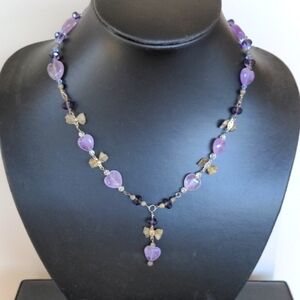 Exotic Silver Necklace With Natural Heart Amethyst Stones And Victorian Mesh